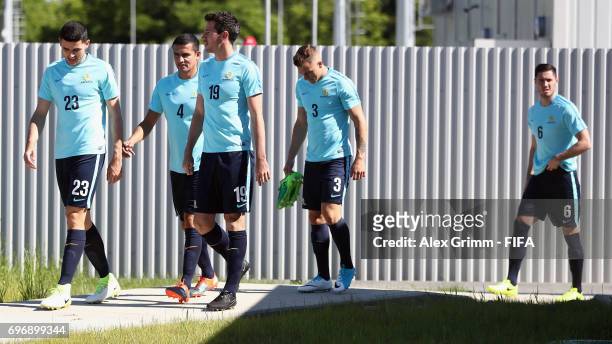 Tommy Rogic, Tim Cahill, Ryan McGowan, Alex Gersbach and Dylan McGowan arrive for an Australia training session ahead of the FIFA Confederations Cup...