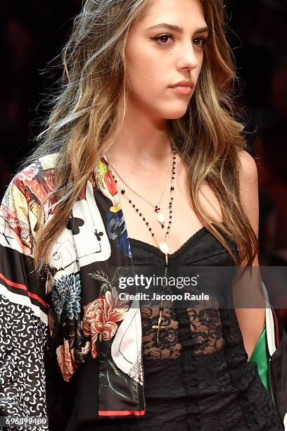 Sistine Stallone walks the runway at the Dolce & Gabbana show during Milan Men's Fashion Week Spring/Summer 2018 on June 17, 2017 in Milan, Italy.