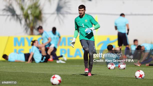 Goalkeeper Maty Ryan kicks the ball during an Australia training session ahead of the FIFA Confederations Cup Russia 2017 on June 17, 2017 in Sochi,...