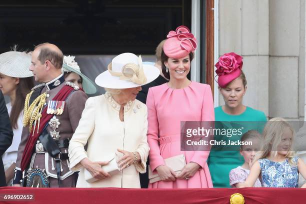 Prince Edward, Earl of Wessex, Camilla, Duchess of Cornwall, Catherine, Duchess of Cambridge, Autumn Phillips and Savannah Phillips look out from the...
