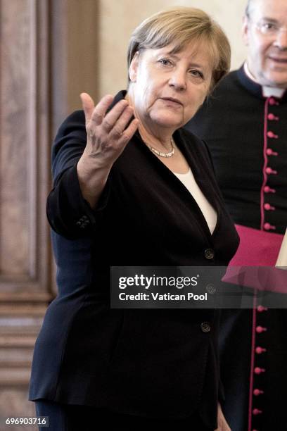 German Chancellor Angela Merkel during a meeting with Pope Francis at his private library in the Apostolic Palace on June 17, 2017 in Vatican City,...