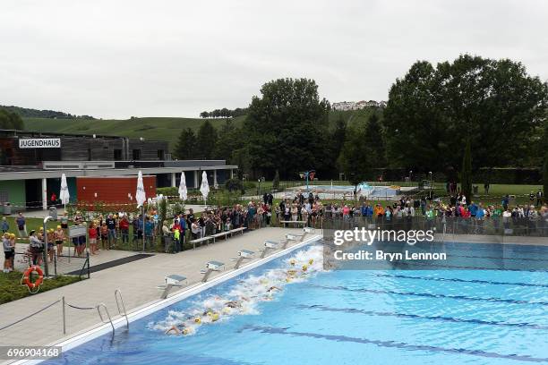 Kids compete in the Ironkids race ahead of the Ironman 70.3 Luxembourg-Region Moselle race on June 17, 2017 in Remich, Luxembourg.