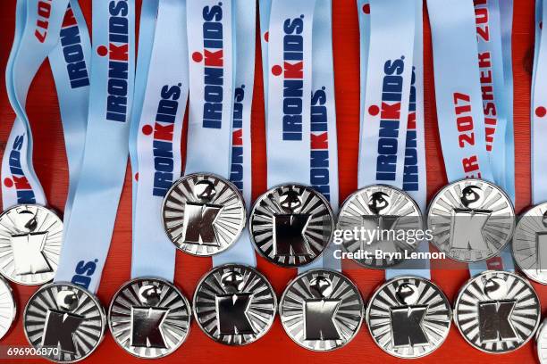 Medals for the Ironkids race are seen ahead of the Ironman 70.3 Luxembourg-Region Moselle race on June 17, 2017 in Remich, Luxembourg.