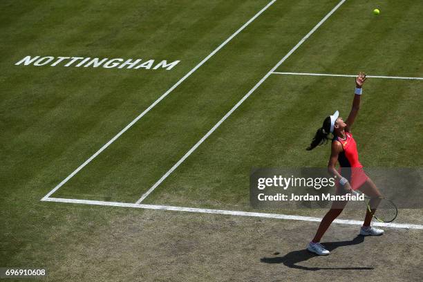 Johanna Konta of Great Britain serves during her semi-final match against Magdalena Rybarikova of Slovakia during day six of the Aegon Open...