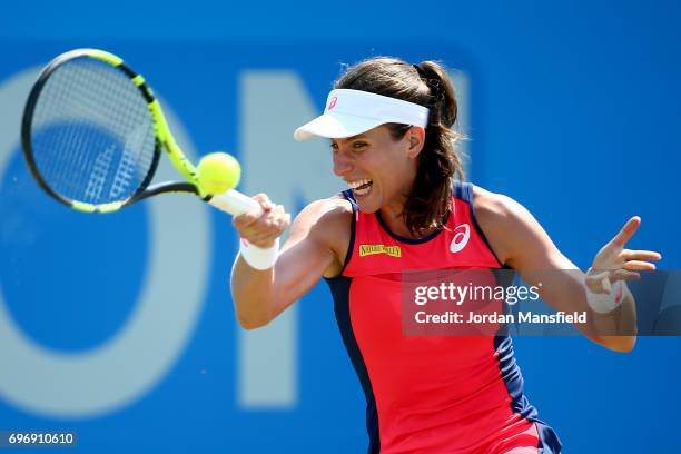 Johanna Konta of Great Britain plays a forehand during her semi-final match against Magdalena Rybarikova of Slovakia during day six of the Aegon Open...