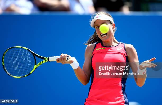 Johanna Konta of Great Britain plays a forehand during her semi-final match against Magdalena Rybarikova of Slovakia during day six of the Aegon Open...