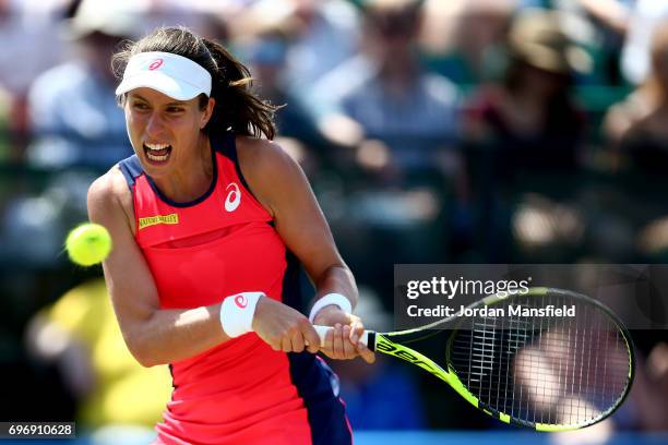 Johanna Konta of Great Britain plays a backhand during her semi-final match against Magdalena Rybarikova of Slovakia during day six of the Aegon Open...