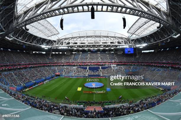 View of the pitch and players prior to the start of the 2017 Confederations Cup group A football match between Russia and New Zealand at the...