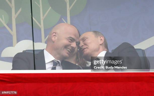 Gianni Infantino, President of FIFA talks with Russian President Vladimir Putin prior to the FIFA Confederations Cup Russia 2017 Group A match...