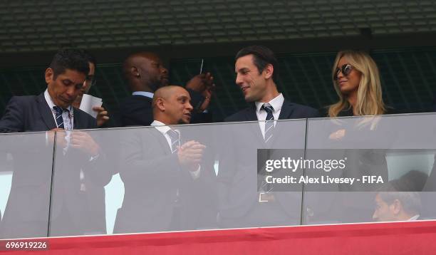 Legends Jorge Campos, Roberto Calros and Ivan Vicelich are seen in the stand the FIFA Confederations Cup Russia 2017 Group A match between Russia and...