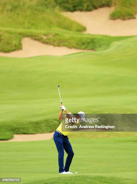 Jordan Spieth of the United States plays his second shot on the fourth hole during the third round of the 2017 U.S. Open at Erin Hills on June 17,...