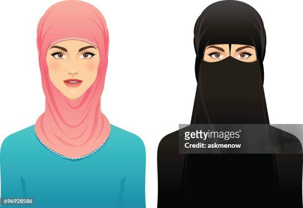 ilustraciones, imágenes clip art, dibujos animados e iconos de stock de mujer musulmana - modest clothing