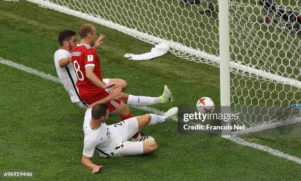 Dennis Glushakov of Russia scores his sides first goal during the FIFA Confederations Cup Russia 2017 Group A match between Russia and New Zealand at...