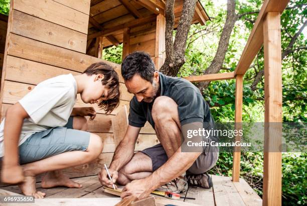 father and son building a tree house together - tree house stock pictures, royalty-free photos & images