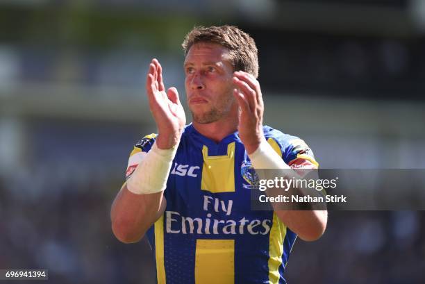 Kurt Gidley of Warrington Wolves applauds the crowd during the Ladbrokes Challenge Cup Quarter-Final match between Warrington Wolves and Wigan...