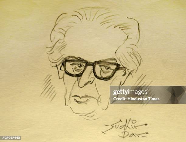 Sketch of Sudhir Dhar, Indian cartoonist, one of the 'second generation' of editorial cartoonists, displayed during an exclusive interview with...