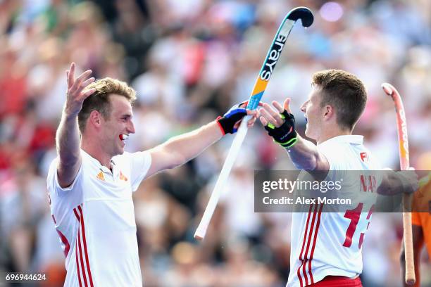 Sam Ward of England celebrates scoring the sixth goal for England with Christopher Griffiths of England during the Hero Hockey World League Semi...
