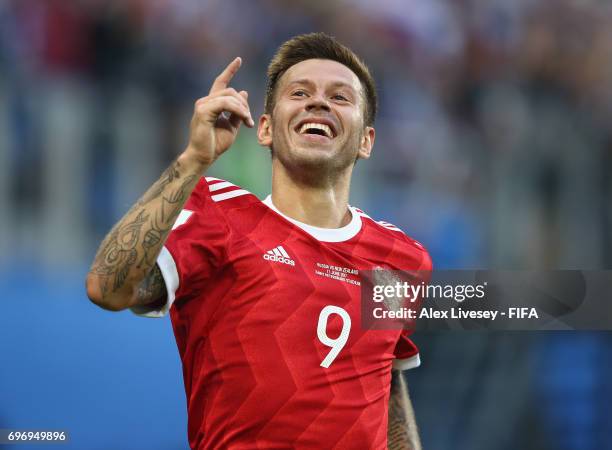 Fedor Smolov of Russia celebrates scoring his sides second goal during the FIFA Confederations Cup Russia 2017 Group A match between Russia and New...