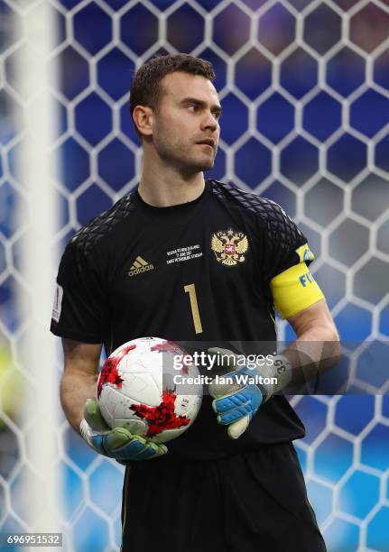 Igor Akinfeev of Russia looks on during the FIFA Confederations Cup Russia 2017 Group A match between Russia and New Zealand at Saint Petersburg...