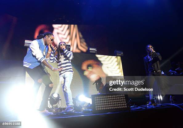 Trio Rappers Rappers Quavo , Takeoff and Offset of the hip hop trio Migos perform ...