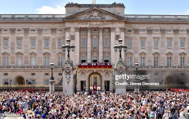 The British Royal family stand on the balcony of Buckingham Palace during the Trooping the Colour parade on June 17, 2017 in London, England.