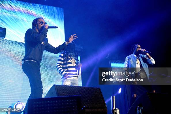 Trio Rappers Rappers Offset , Takeoff and Quavo of the hip hop trio Migos perform ...