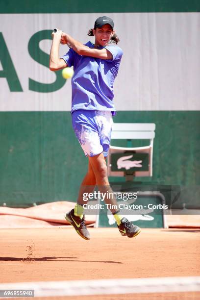 French Open Tennis Tournament - Day Fourteen. Alexei Popyrin of Australian defeating Nicola Kuhn of Spain to win the Boy's Singles Final match on...