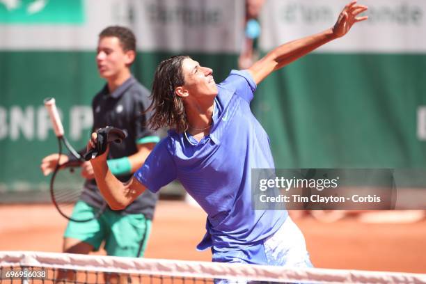 French Open Tennis Tournament - Day Fourteen. Alexei Popyrin of Australian celebrates after defeating Nicola Kuhn of Spain to win the Boy's Singles...