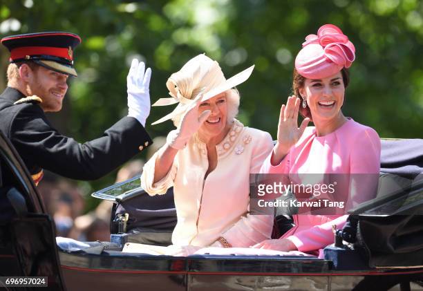 Prince Harry, Camilla, Duchess of Cornwall and Catherine, Duchess of Cambridge attend the annual Trooping The Colour parade at the Mall on June 17,...