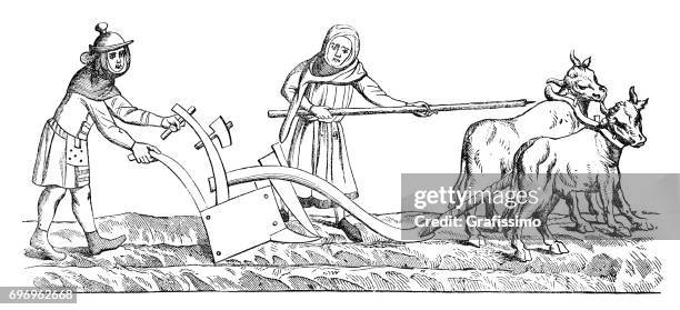 farmer with wife plowing a field with two cows 14th century - circa 14th century stock illustrations