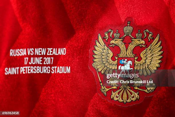 The Russian badge is seen on a player's shirt during the FIFA Confederations Cup Group A match between Russia and New Zealand at Saint Petersburg...