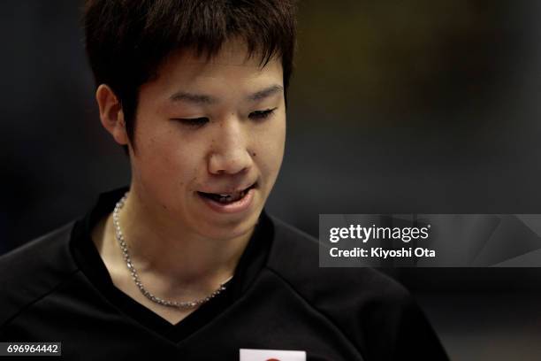 Jun Mizutani of Japan reacts in the Men's Singles quarter final match against Lee Sangsu of South Korea during day four of the 2017 ITTF World Tour...
