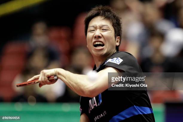 Jun Mizutani of Japan competes in the Men's Singles quarter final match against Lee Sangsu of South Korea during day four of the 2017 ITTF World Tour...