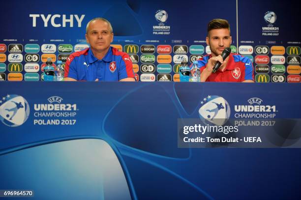 Head coach of Czech Republic, Vitezslav Lavicka and team captain Michal Travnik answer questions during the press conference at Tychy Stadium on June...