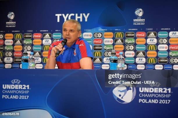 Head coach of Czech Republic, Vitezslav Lavicka speaks during the press conference at Tychy Stadium on June 17, 2017 in Tychy, Poland.