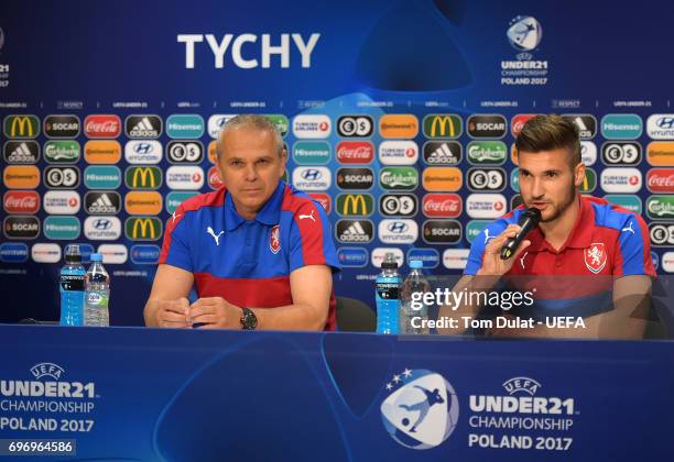 Head coach of Czech Republic, Vitezslav Lavicka and team captain Michal Travnik answer questions during the press conference at Tychy Stadium on June...