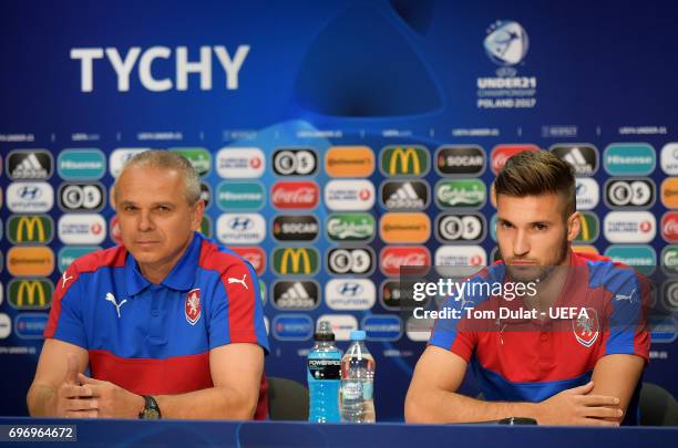 Head coach of Czech Republic, Vitezslav Lavicka and team captain Michal Travnik answer questions during the press conference at Tychy Stadium on June...