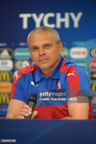 Head coach of Czech Republic, Vitezslav Lavicka speaks during the press conference at Tychy Stadium on June 17, 2017 in Tychy, Poland.