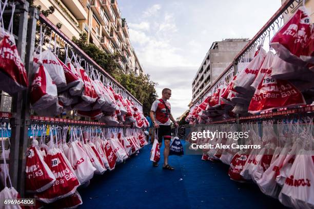 Competitor drops his bags in the transition zone ahead of Ironman 70.3 Italy race on June 17, 2017 in Pescara, Italy.