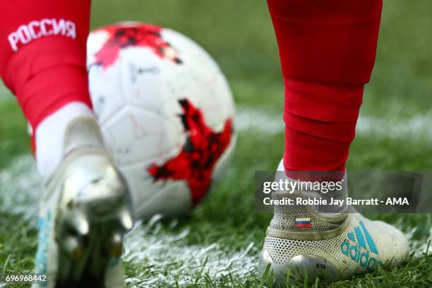 Russian flag on the boot of Alexander Samedov of Russia during the Group A - FIFA Confederations Cup Russia 2017 match between Russia and New Zealand...