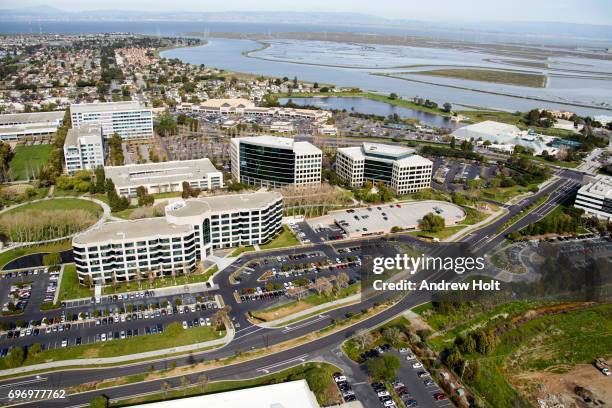 aerial photography view north-east of redwood shores in the san francisco bay area. california, united states. - redwood city stockfoto's en -beelden