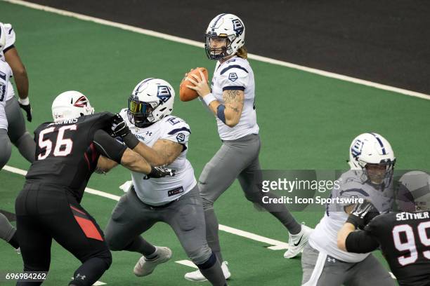 Baltimore Brigade QB Shane Carden looks to pass during the fourth quarter of the Arena League Football game between the Baltimore Brigade and...