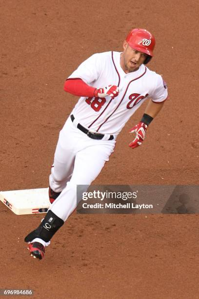 Ryan Raburn of the Washington Nationals runs to third base during a baseball game against the Atlanta Braves at Nationals Park on June 13, 2017 in...