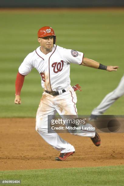 Ryan Raburn of the Washington Nationals leads off second base during a baseball game against the Atlanta Braves at Nationals Park on June 13, 2017 in...