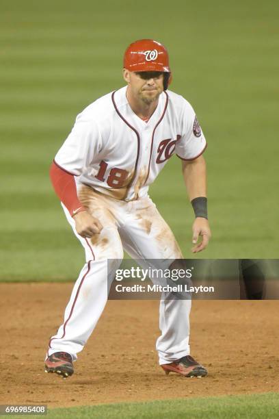 Ryan Raburn of the Washington Nationals leads off second base during a baseball game against the Atlanta Braves at Nationals Park on June 13, 2017 in...