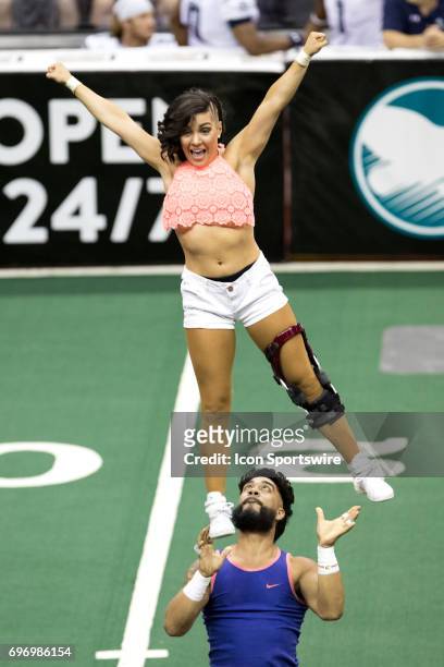 Members of the Gladiators Stunt Team perform following the third quarter of the Arena League Football game between the Baltimore Brigade and...