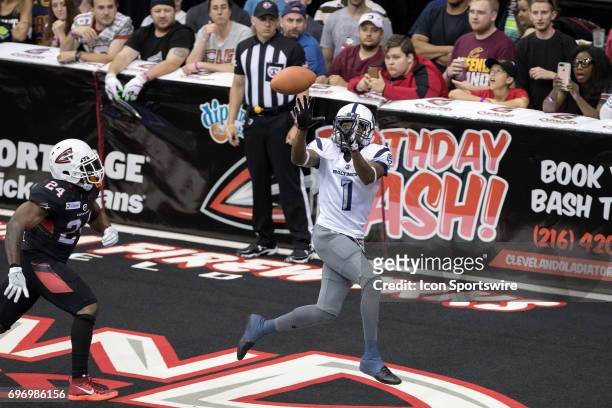 Baltimore Brigade WR Reggie Gray makes a 9-yard touchdown catch as Cleveland Gladiators DB Jordan Holland defends during the third quarter of the...