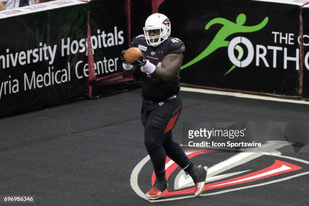 Cleveland Gladiators OL Phillipkeith Manley makes an 8-yard touchdown catch during the third quarter of the Arena League Football game between the...