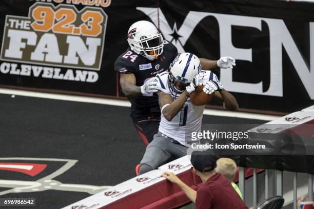 Baltimore Brigade WR Reggie Gray looses the football as he crashed into the wall as Cleveland Gladiators DB Jordan Holland defends during the third...