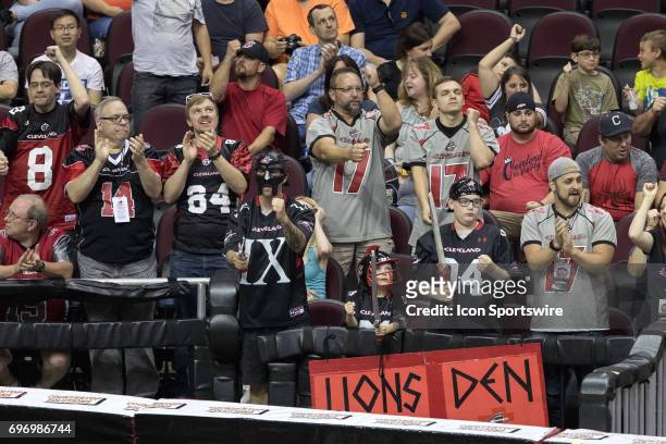 Cleveland Gladiators fans celebrate a Gladiators touchdown during the third quarter of the Arena League Football game between the Baltimore Brigade...